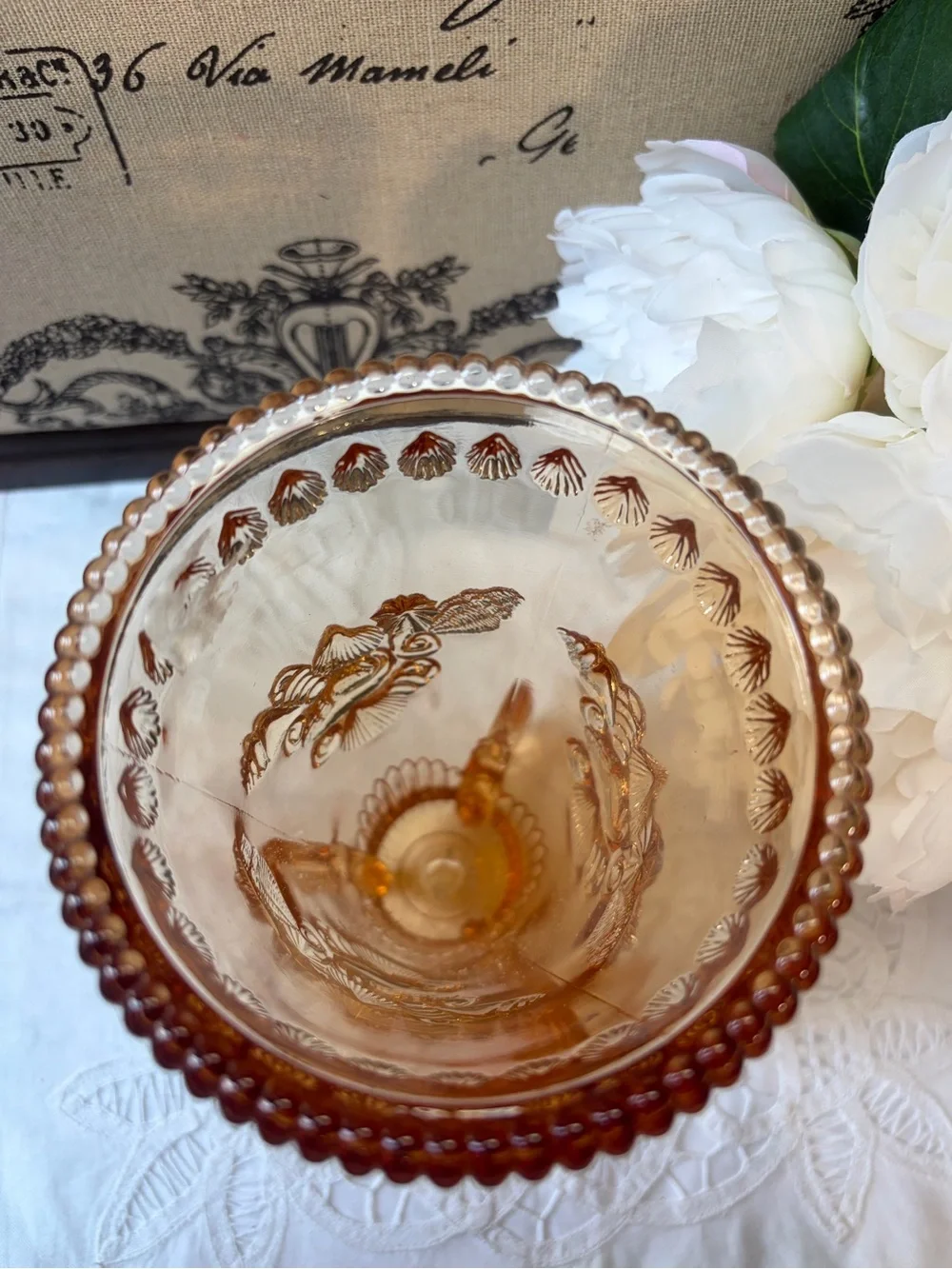 Westmoreland Amber glass footed vase seashells vintage coastal retro  beach deco